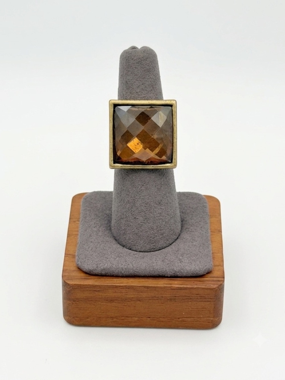 Modern Faceted Square Amber Glass Statement Ring - Women Jewelry